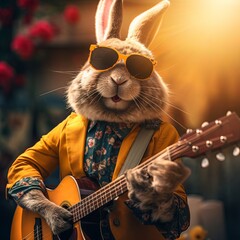 Cool Easter bunny as a rockstar with a guitar and sunglasses. - obrazy, fototapety, plakaty