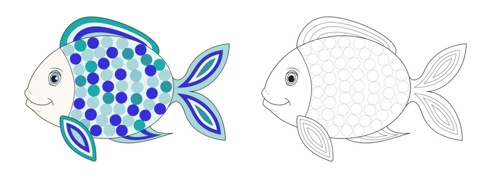Fish line and color illustration. Cartoon vector illustration for coloring book.