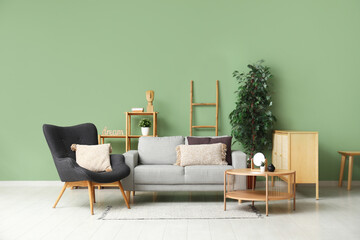 Cozy grey sofa, black armchair and coffee table near green wall