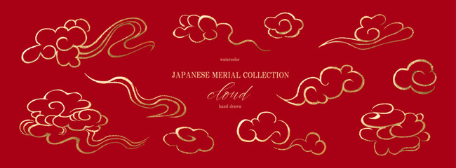 雲, アイコン, 和柄, 和, 金, 金箔, 線画, シルエット, セット, ベクター, イラスト