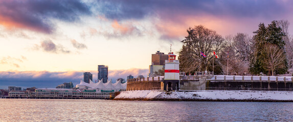 Stanley Park, Downtown Vancouver. Snow Covered Winter Sunrise.