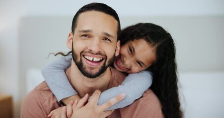 Family, love and surprise with daughter hugging father in bedroom of home together for playful bonding. Portrait, smile or playing with happy man parent and girl child laughing on bed in apartment