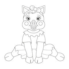 Pink vector pig fat girl sitting on a white background. In a dress and with a bow on her head.
