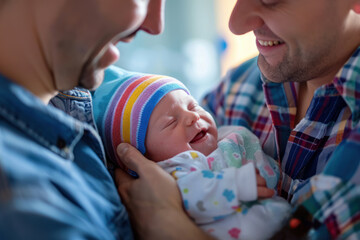 Two smiling, happy gay male parents loving and holding a newborn baby. 