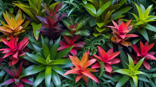 Tropical bromeliad plants with a mix of reds and greens generative ai