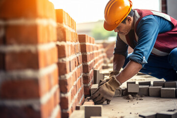 brick wall, bricklayer building walls, Bricklayer installs bricks, Professional worker, ndustrial bricklayer - obrazy, fototapety, plakaty