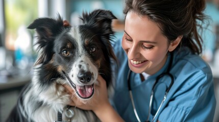 An adorable border collie dog is being examined by a beautiful female veterinarian in a veterinary clinic.