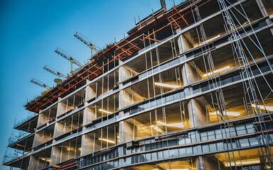 Fototapeta premium Skyscraper progress, construction sites development and tower cranes. 