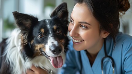 An adorable border collie dog is being examined by a beautiful female veterinarian in a veterinary clinic. - obrazy, fototapety, plakaty