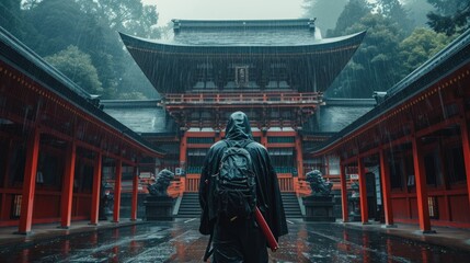 a epic samurai with a weapon sword standing in front of a old japanese temple shrine. - obrazy, fototapety, plakaty