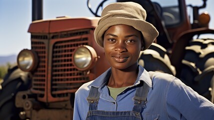 Fototapeta na wymiar African young female farmer standing next to the tractor 