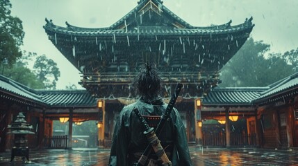 a epic samurai with a weapon sword standing in front of a old japanese temple shrine.