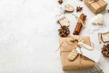 Fototapeta na wymiar Christmas decorations and gift box on white background