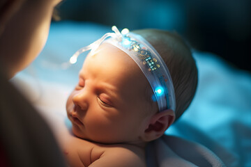A newborn baby in a futuristic world wearing a digital head band. Mother nursing new baby with microchip. Dystopian future.  - obrazy, fototapety, plakaty