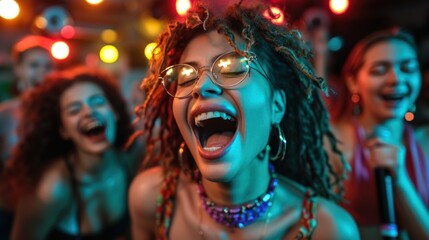 A diverse group of young friends sing at a karaoke party in a nightclub. Enjoy each other's company and laugh together