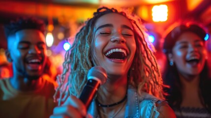 Obraz premium A diverse group of young friends sing at a karaoke party in a nightclub. Enjoy each other's company and laugh together