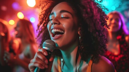 a group of diverse young friends singing at a karaoke party in a night club,