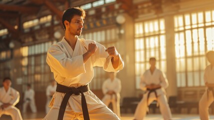 a karate asian martial arts training in a dojo hall. sensei teacher master man wearing white kimono and black belt fighting learning, exercising. - Powered by Adobe