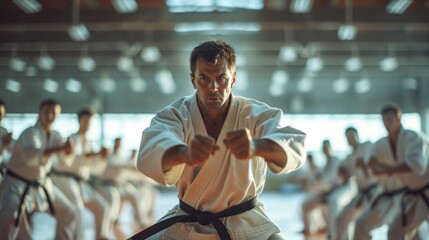 a karate asian martial arts training in a dojo hall. sensei teacher master man wearing white kimono and black belt fighting learning, exercising.