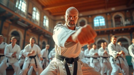 a karate asian martial arts training in a dojo hall. sensei teacher master man wearing white kimono...