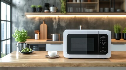 a modern white and black microwave in a house kitchen on the kitchen table.