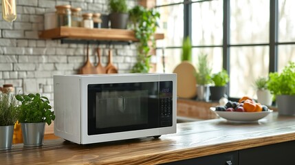 a modern white and black microwave in a house kitchen on the kitchen table.