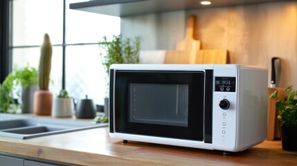 Fototapeta premium a modern white and black microwave in a house kitchen on the kitchen table.