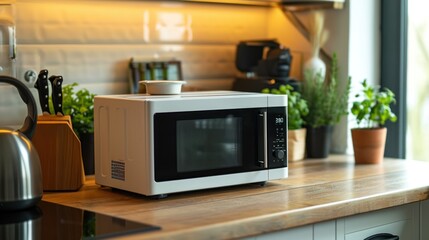 a modern white and black microwave in a house kitchen on the kitchen table. - obrazy, fototapety, plakaty