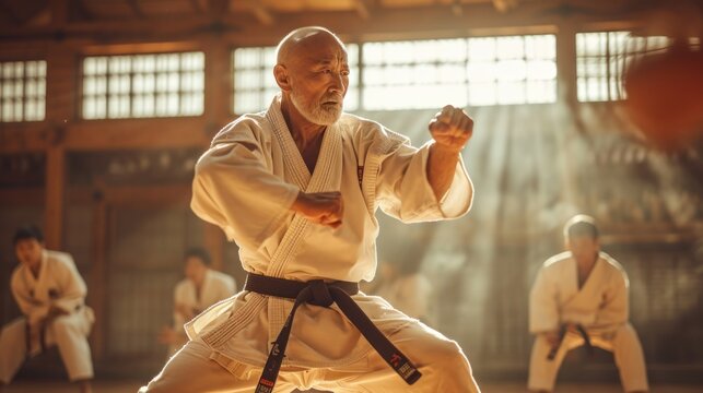 a karate asian martial arts training in a dojo hall. sensei teacher master man wearing white kimono and black belt fighting learning, exercising.