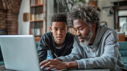 At home, an African father helps a teenage Caucasian son with his homework.