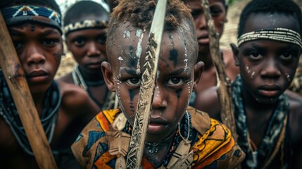 Fototapeta na wymiar Young men and women from African tribes are half-naked, covered in cultural tattoos, and makeup, and armed with stone spears. Ethnic groups in Africa