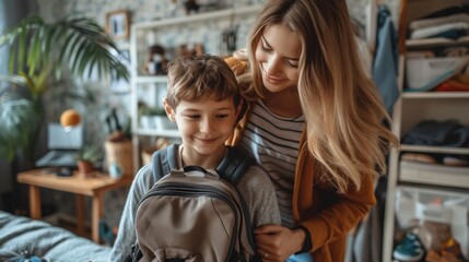 Caring for a young mother helping her teenage children get ready for school