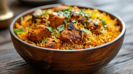 Chicken Biryani food, yellow color Traditional Indian dish of rice and chicken marinated in spices
