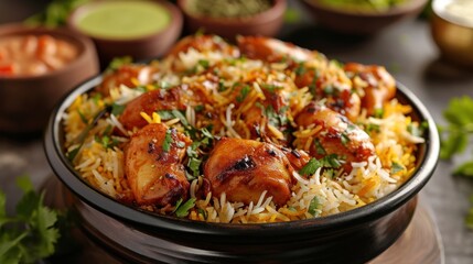Chicken Biryani food, yellow color Traditional Indian dish of rice and chicken marinated in spices