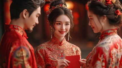 Red Envelope Exchange,Chinese model is exchanging red envelopes (hongbao) in a joyous setting