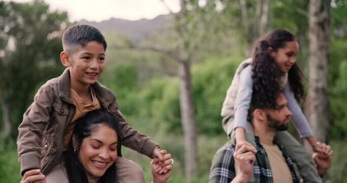Mother, father and children on shoulders in nature or hiking path adventure for exercise, trekking or travel. Parents, kids and carrying rest in forest or healthy walking for explore, trip or cardio