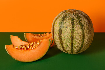 Tasty ripe melon cut slices on color background
