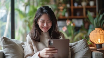 A beautiful business Asian young woman wears casual clothing and uses her mobile phone to shop online and to access social media. Small Business Startup. Online banking. - obrazy, fototapety, plakaty