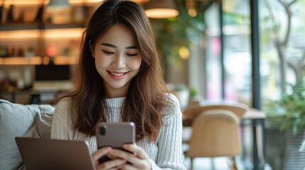 A beautiful business Asian young woman wears casual clothing and uses her mobile phone to shop online and to access social media. Small Business Startup. Online banking.