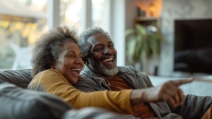 Various couples watch TV Pointing and laughing in a sunny living room.