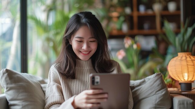 A Beautiful Business Asian Young Woman Wears Casual Clothing And Uses Her Mobile Phone To Shop Online And To Access Social Media. Small Business Startup. Online Banking.