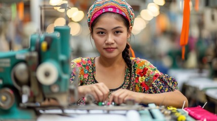 Asian seamstress in a textile factory with industrial sewing machines