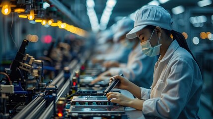 Asian workers working at technology production factory with industrial machines - obrazy, fototapety, plakaty