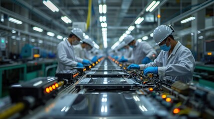 Obraz premium Asian workers working at technology production factory with industrial machines