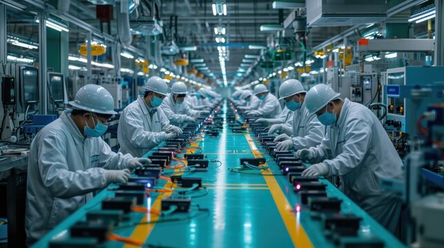 Asian workers working at technology production factory with industrial machines