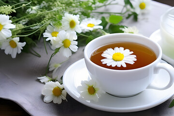 Fototapeta na wymiar Peaceful Blend: Chamomile Flowers and the True Taste of the White Cup, Chamomile Tea generative ai