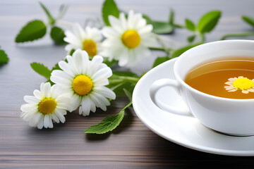 Obraz na płótnie Canvas Peaceful Blend: Chamomile Flowers and the True Taste of the White Cup, Chamomile Tea generative ai