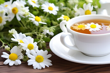 Fototapeta na wymiar Peaceful Blend: Chamomile Flowers and the True Taste of the White Cup, Chamomile Tea generative ai