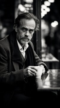 A timeless black and white image of a middle aged man sitting in a Parisian cafe drinking a cup of coffee. Man enjoying a coffee in Paris.