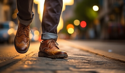 close-up shot capturing the shoes of a person walking down the street - city trip travel adventure promotion ad asset illustration